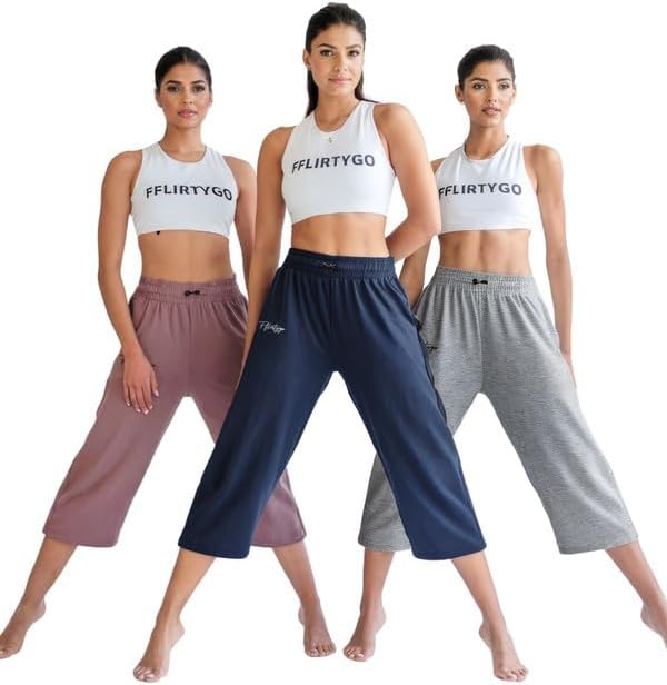 FflirtygoWomen's Cotton Plain Calf Length Capri | Nightwear Pyjama | 3/4th Solid Pyjama Pant | Casual wear & Lounge Wear Capri Combo (Pack of 3)