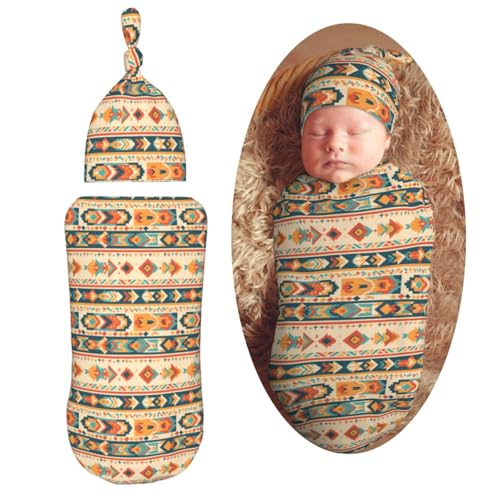Image of Vintage Aztec Style Pattern Newborn Swaddle Blankets Hat Sets Soft Baby Receiving Blanket Swaddle Sack for Baby Shower Infant Boy Girl Gift