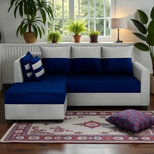 Image of FURNY Stylecon 4 Seater Fabric LHS L Shape Sofa Set (Blue-Light Grey) | Premium Velvet Finish | Ideal of Living Room