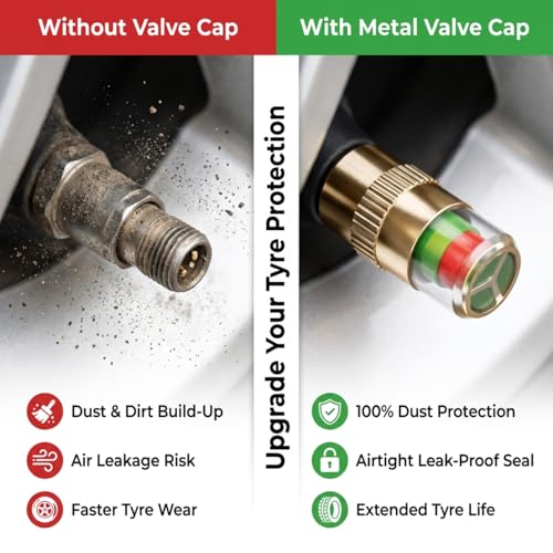 Image of SARTE Car Tyre Pressure Indicator Valve Caps for Bikes & Cars Visual Air Pressure Alert (Green /Yellow /Red) Leak-Proof Design Universal Fit Pack of 4