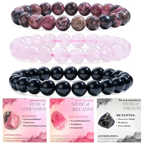 Bivei 3-Piece 8mm Beaded Bracelets for Women Rhodonite Rose Quartz Black Obsidian Handmade Natural Crystal Stretch Elastic Jewelry for Meditation Yoga Protection Gifts