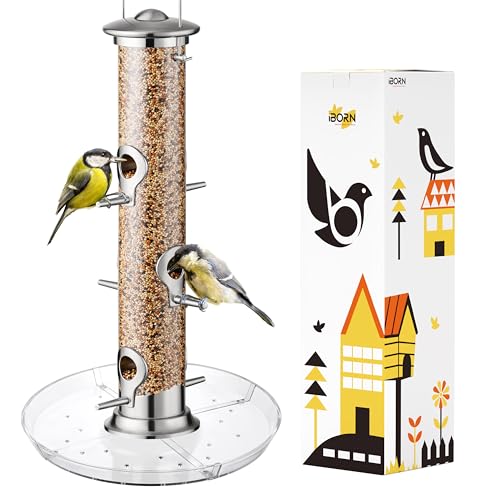 iBorn Vogelfutterspender,Futterstation für Cardinal mit 6 Anflugplätzen, 20cm Futterteller,Bird Feeder aus Aluminium Metall zum Aufhängen,Wildvögel Futtersäule,Futtersilo,Nickle-Höhe 38cm