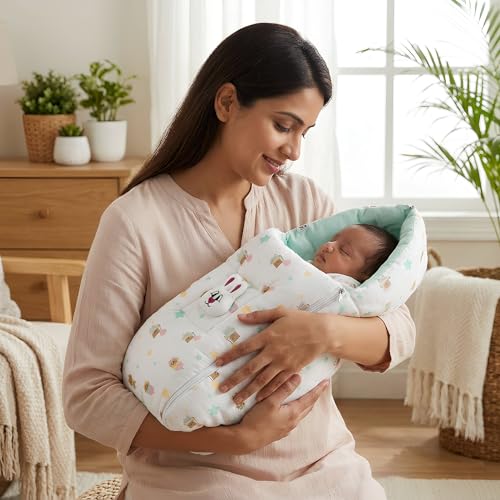 Image of VoiDrop Baby Sleeping Bag for new Born, Muslin Baby Sleeping Bag 0-6 Month for New Born & Infant, Washable & Foldable Cotton Design,(Green)
