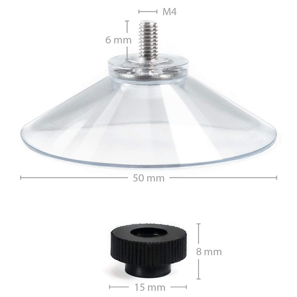 Saugnäpfe Ø 50 mm | M4 Gewinde – Länge 6 mm | V2A Edelstahl | Saugnapf mit Rändelmutter | Saugknopf | Saugnoppen | Ohne Bohren | Made in Germany (Schwarze Rändelschrauben, 100)