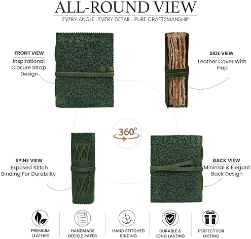 Leather Bound Floral Embossed Journal for Women Men - 200 Pages, 8”X6”(A5), Green - Book of Shadows, Vintage Watercolor Paper, Notebook for Writing, Drawing, Sketchbook By LEATHER VILLAGE — view 5
