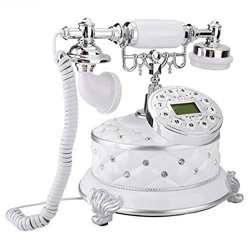 PUSOKEI Vintage Retro White Imitation Antique Telephone Whit Gemstones, Push Button Dial Desk