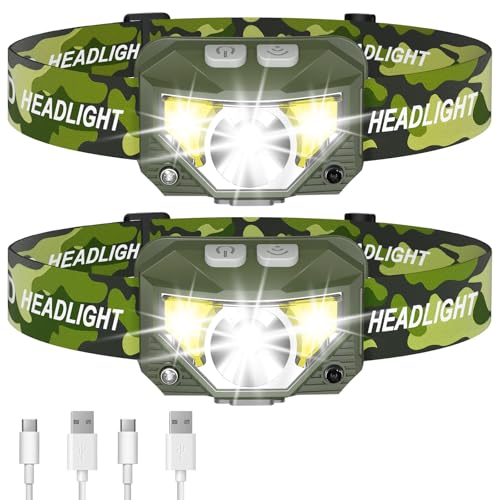 LHKNL Headlamp Flashlight, Lumen Ultra-Light Bright LED Rechargeable Headlight with White Red Light,2-Pack Waterproof Motion Sensor Head Lamp,8 Mode for Outdoor Camping Running Fishing- Green