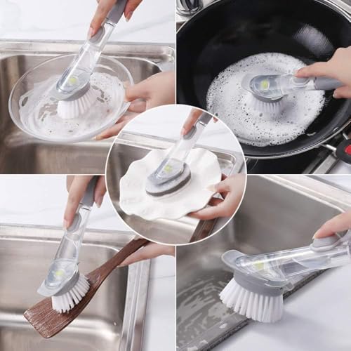 Image of UCRAVO Dish Cleaning Brush Washing Up with Detergent Dispenser Non-Stick Oil Kitchen Cleaning Brush, Long Handle Dishwashing Automatic Sponge Cleaner Multifunctional Household Cleaning Tools