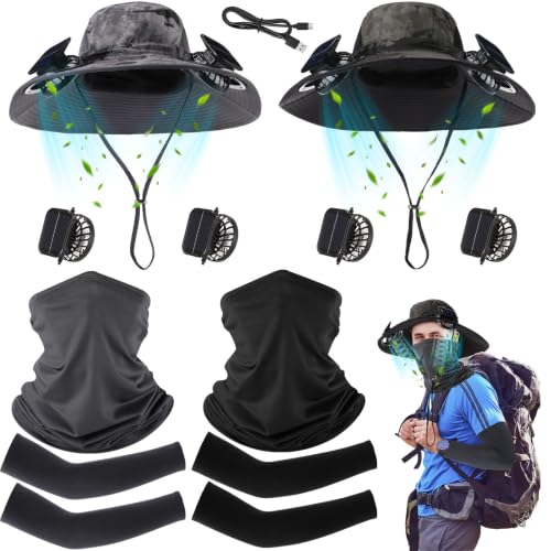 Image of Syhood 2 Set Solar Fan Hats with Neck Gaiters and Arm Sleeves, Wide Brim Fishing Hats for Men Women Outdoor Camping Gardening