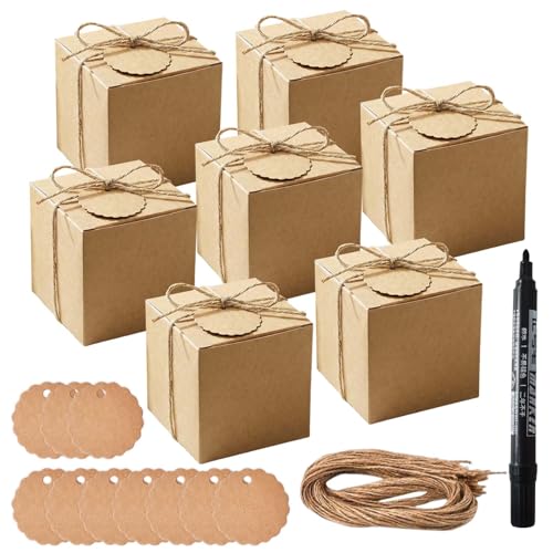 50 Piezas Cajas de Cartón Kraft con un Marcador, 7 x 7 x 7 cm Caja para Bombones, de Papel para Regalo, Cajitas Regalo Pequeñas, Cajas de Cartón para Bodas, Cumpleaños, Navidad, Baby Shower