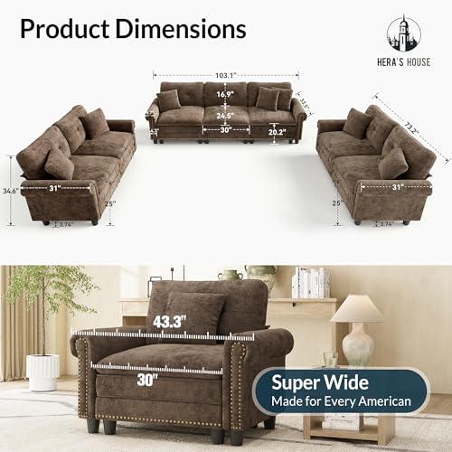 Image of HERA'S HOUSE Modular Sectional Sofa and Loveseat Set Living Room 3-Piece | Mid-Century Modern 7-Seater Cloud Sofa Set, Grayish Brown, Rolled Arms & Nailhead Trim, Wider Seats, Chenille Furniture Set