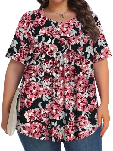 Image of Tencede Womens Plus Size Tops Tunic Short Sleeve Crew Neck Shirts Casual Soft Blouse 1X-5X