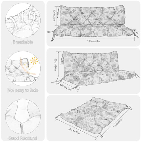 Image of Porch Swing Cushions Outdoor 40 inch x 40 Waterproof Swing Cushions 3 Seater Replacement with Backrest & 8 Ties 5 inch Thick Bench Swing Cushions for Outdoor Furniture Patio(Floral Pattern)