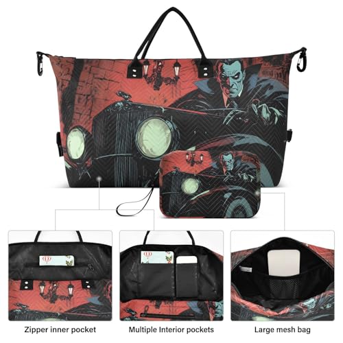 Duffel Bag Set for Travel Gym Sport, Weekender Bag Carry on Overnight Bags for Women Men-Vampire Car Halloween Print2