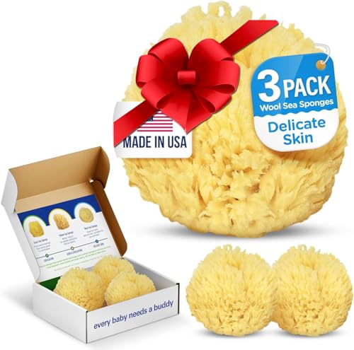 Baby Buddy Natural Bath Sponge, Ultra-Soft Sea Wool, Gentle on Baby's Skin, Hypoallergenic, Biodegradable, 3-Pack, 4in for Baby & Infant Bath Time