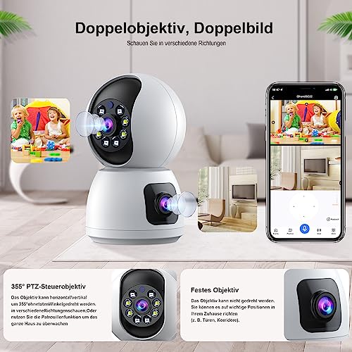 2MP X 2 Dual Lens Indoor Security Camera,Wifi Wireless Indoor Security Camera,for Home Security Pet Camera,Motion Tracking, Color Night Vision,2-Way Audio,Indoor Camera Wireless with Phone App