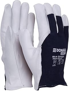 Guantes de trabajo de cuero con muñeca elástica/talla 7/S / 1 par/blanco/azul oscuro/guantes de montaje/guante de protección suave y cómodo de piel de cabra y tela de poliéster