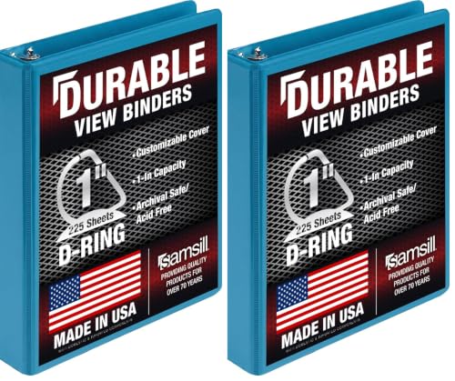 Image of Samsill Durable 1 Inch Binder, D Ring Binder, Customizable Clear View Cover, Blue Coconut, Holds 225 Pages (Pack of 2)