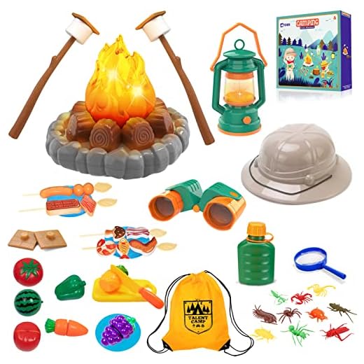MITCIEN Camping Toys for Kids, Pretend Campfire, Lantern, Safari Hat, Binoculars, Bottle, Toy Food, S'Mores, Toddler Camping Play Set Indoor Outdoor Toys for Kids 3-5 and Up, Boys Girls Gift