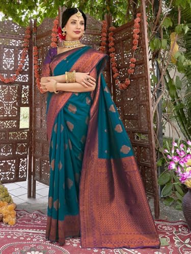 Image of Women's Soft Art Silk Kanjivaram Saree and Unstitched Blouse Piece with Floral Rich Pallu and Jacquard Jari Work On All Over | South Indian Saree