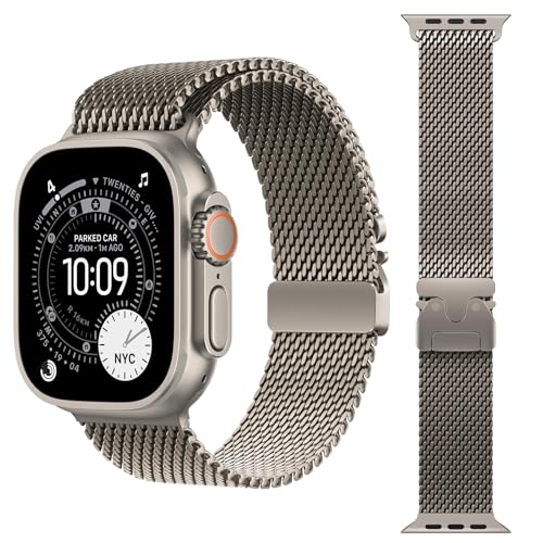 Titanium Milanese Loop Band Compatible with Apple Watch Bands Ultra 3/2/1 49mm 46mm 45mm 44mm for Men Women Parachute-style Buckle Metal Mesh Bracelet Strap for iWatch Series 11 10 SE 9 8 7 6 5 4