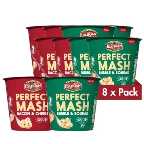 Idahoan Instant Mash Potato Pots Bundle Pack of 8 x 55g - Bubble and Squeek Bacon and Cheese Potato Pots Ready to Eat Mashed Potato