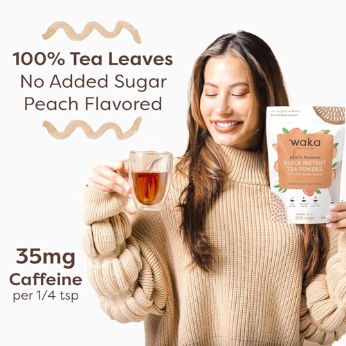 Image of Waka Instant Black Tea Mix, Peach Flavored - 100% Tea Leaves, No Additives, Unsweetened Tea Powder for 50 Quarts or 200 Cups - Easy and Quick Hot or Iced Teas (4.5oz)