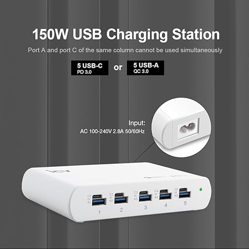 Miniatura 5 de Cargador USB C GAN de 150 W con cable tipo C, 5 puertos USB AC Estación de carga rápida de escritorio para iPhone 15 14 13 12 11 Pro Max Galaxy 22
