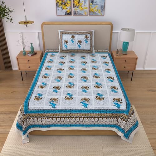 Image of 100% Cotton Single Bedsheet with 1 Pillow Cover | 240 TC Pure Cotton Flat Bed Sheet | Traditional Jaipuri Printed Bedding Set | Soft & Breathable | 60 x 90 Inch (Rangmahal Single 03)
