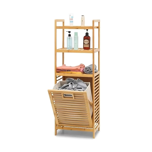 HEIMON Cesto Bambu de Lavanderia Inclinável com Prateleiras de Armazenamento, Cesta de Roupas Removível, Armário, Banheiro, Quarto, Natural (3 níveis)