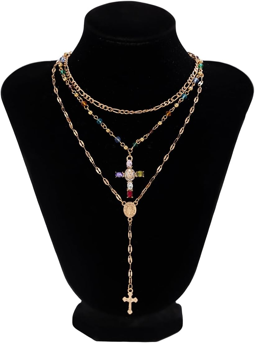 Cross Necklace for Women Gold Long Chain Layered Cross Crystal Pendant Statement Necklace Summer Beach Boho Jewelry - Image 5
