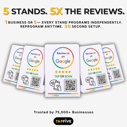 Image of Google Review Stand by TapFive - Tap to Review NFC Tap & QR Code Sign for Restaurants, Salons, Retail & Front Desks | QR Code Stand | No Monthly Fees (White, 5 Stands)