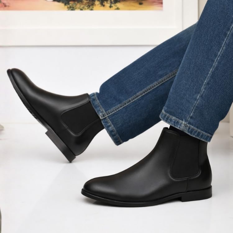 Image of Chelsea Boots for Men Wrinkle Free Smooth Upper Slip On Ankle Boots, Classic Black Stylish Boots for Casual, Party & Office Outfits