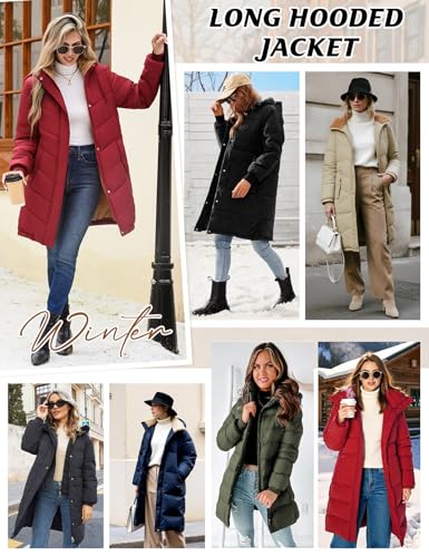 Yuson Girl Winterjacke Damen Wintermäntel Lang Steppjacke Fleece Gefüttert Mantel mit Kapuze Herbst Winter Jacke Winterparka Warm Steppmantel Winddichte Fleecejacke mit Tasche(Weinrot, L)