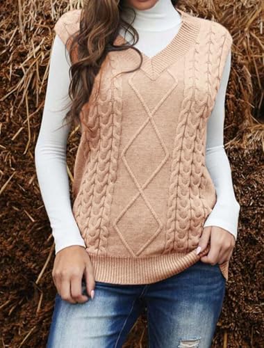 Image of Women's Sweater Vest,Long Cable Loose Knitted Sleeveless V Neck Casual Sweaters Tank Top S~XL