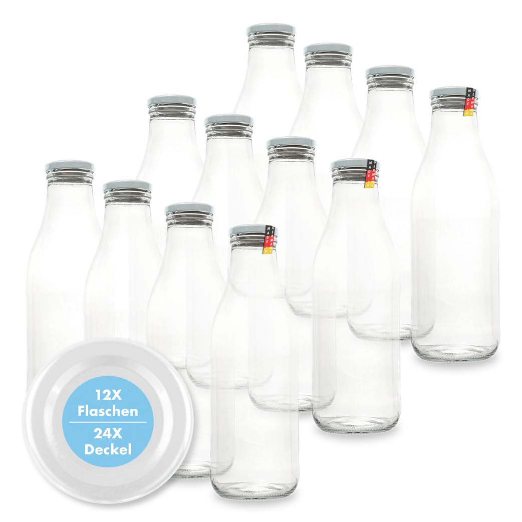 BOTTIGLIE - Bottiglie per latte da 1 litro, 12 di vetro da 1 litro, coperchi Twist-Off + ricambio TO48, bottiglie per succo e frullati, colli larghi, robuste