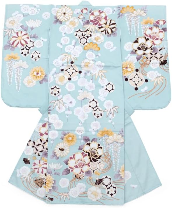 七五三 着物 7歳 フルセット 女の子 水色 くすみ色 花柄 四つ身 桜