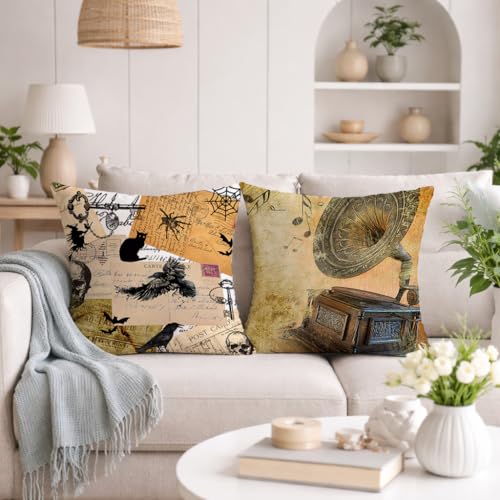 STITCHNEST Set of 2 Vintage Noir Collection Printed Jute Cushion Covers 24x24 Inches | Decorative Throw Pillow Covers for Sofa, Living Room, Bedroom | Perfect for Home Decor