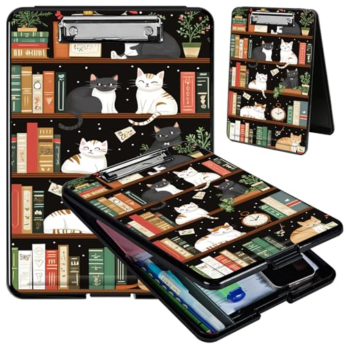 Clipboard with Storage, Hard Letter A4 Size Clip Board with Pen Holder & Paper Organizer, Heavy Duty Portable Writing Pad for Nurses Students Teachers Office Jobsite Contractor, Bookshelf Cat