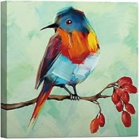 SIGNWIN Canvas Wall Art Cute Blue Orange Coraciiformes Perched on Cherry Branch in Green Background Birds Oil Painting Minimalism Modern Colorful for Living Room, Bedroom, Office - 12x12 inches
