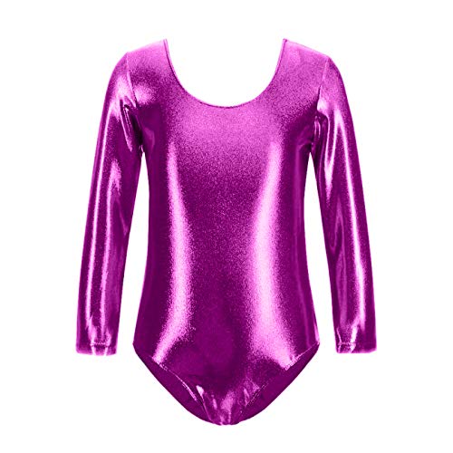 Maillot de Danza Ballet Gimnasia Leotardo Body Clásico Brillante Elástico para Niñas de Manga Larga Cuello Redondo (8 años, Fucsia)