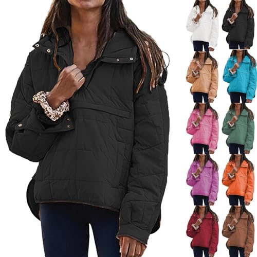 Pullover Puffer Jacket Womens, Quilted Jackets Winter Coats for Women, Quarter Button Casual Padded Coats