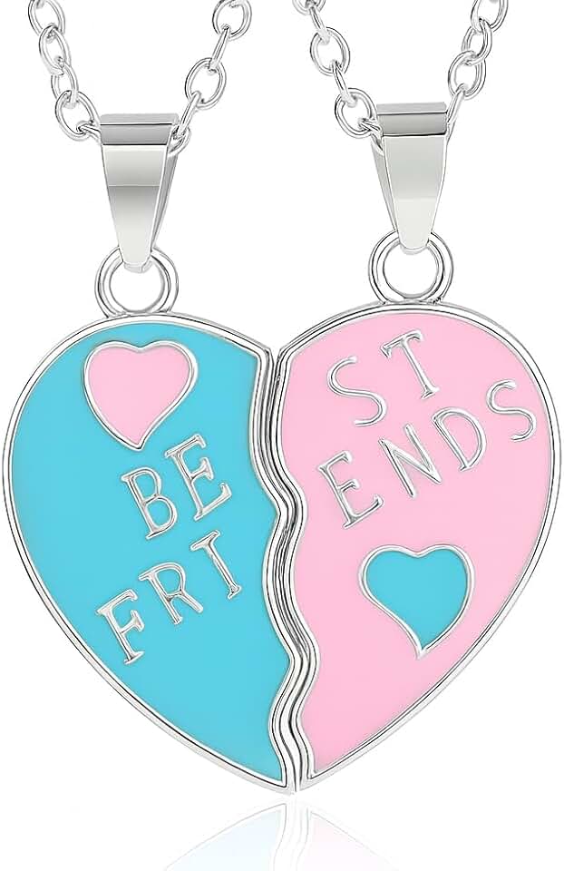 Colares com pingente de coração dividido Best Friends, esmalte rosa e azul, conjunto de 2 peças opções de ouro ou prata - presente para melhores amigos, Adjustable, Aço inoxidável, Zircônia cúbica