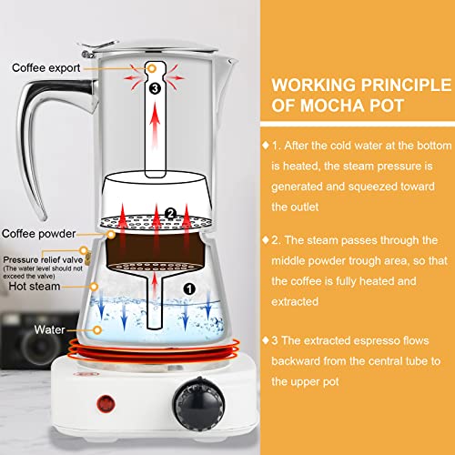 Consfly Electric Coffee Maker 6 Cup Stainless Steel Moka Pot, Stovetop Espresso Coffee Maker Machine 300ml Mocha Pot w/ 110V 500W Hot Plate - Thumbnail 4