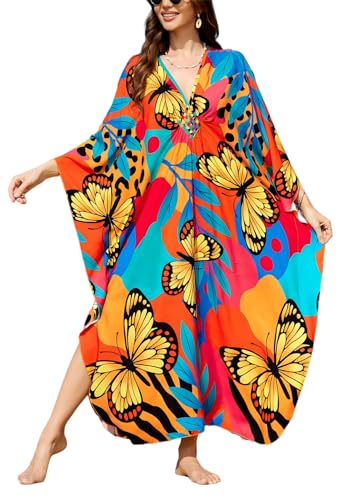 Image of IMAGEKOPE Women's Plus Size Animal Print V-Neck Batwing Kaftan Beach Dress Bathing Suit Cover-Up Loungewear