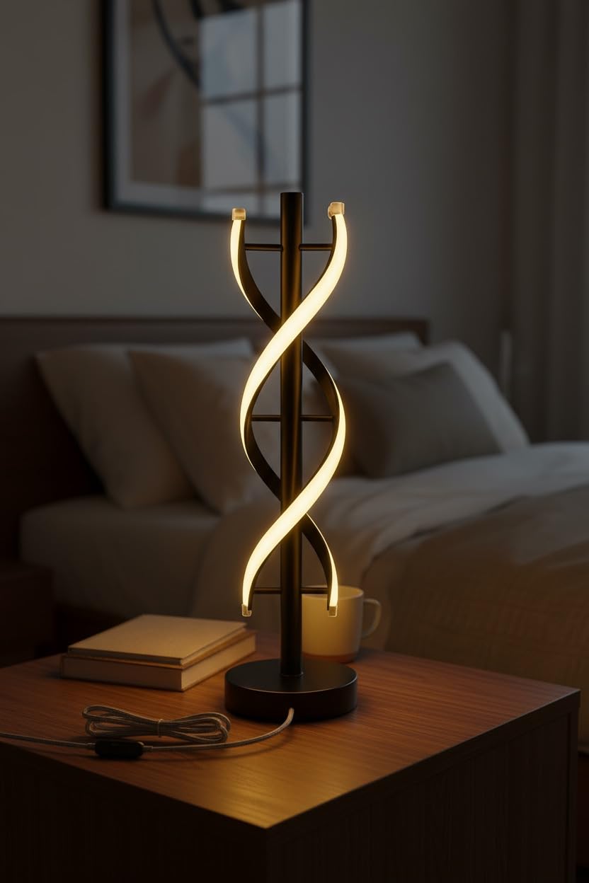 Izel Lights | Modern DNA Helix Table Lamp | LED Spiral Design | Black Base with Warm Light-image-7