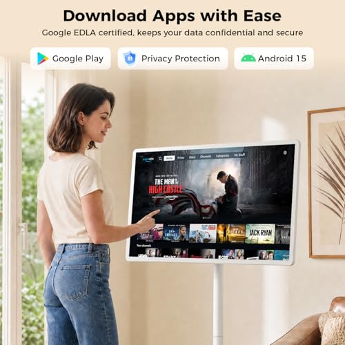 Image of 32 inch Portable Smart Touchscreen Tablet TV on Wheels, Android 15 OS Mobile Smart Display with Google EDLA Certification, 8GB+128GB, Built-in Battery, 2K Camera, Wireless Casting, Rotating Rolling Stand