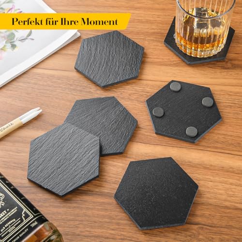 Schiefer Untersetzer für Gläser 8er Set, 11cm Sechseck Getränkeuntersetzer mit Halter, Glasuntersetzer Tischuntersetzer, kratzfester Unterseite für Bar, Küche, Heimdekoration