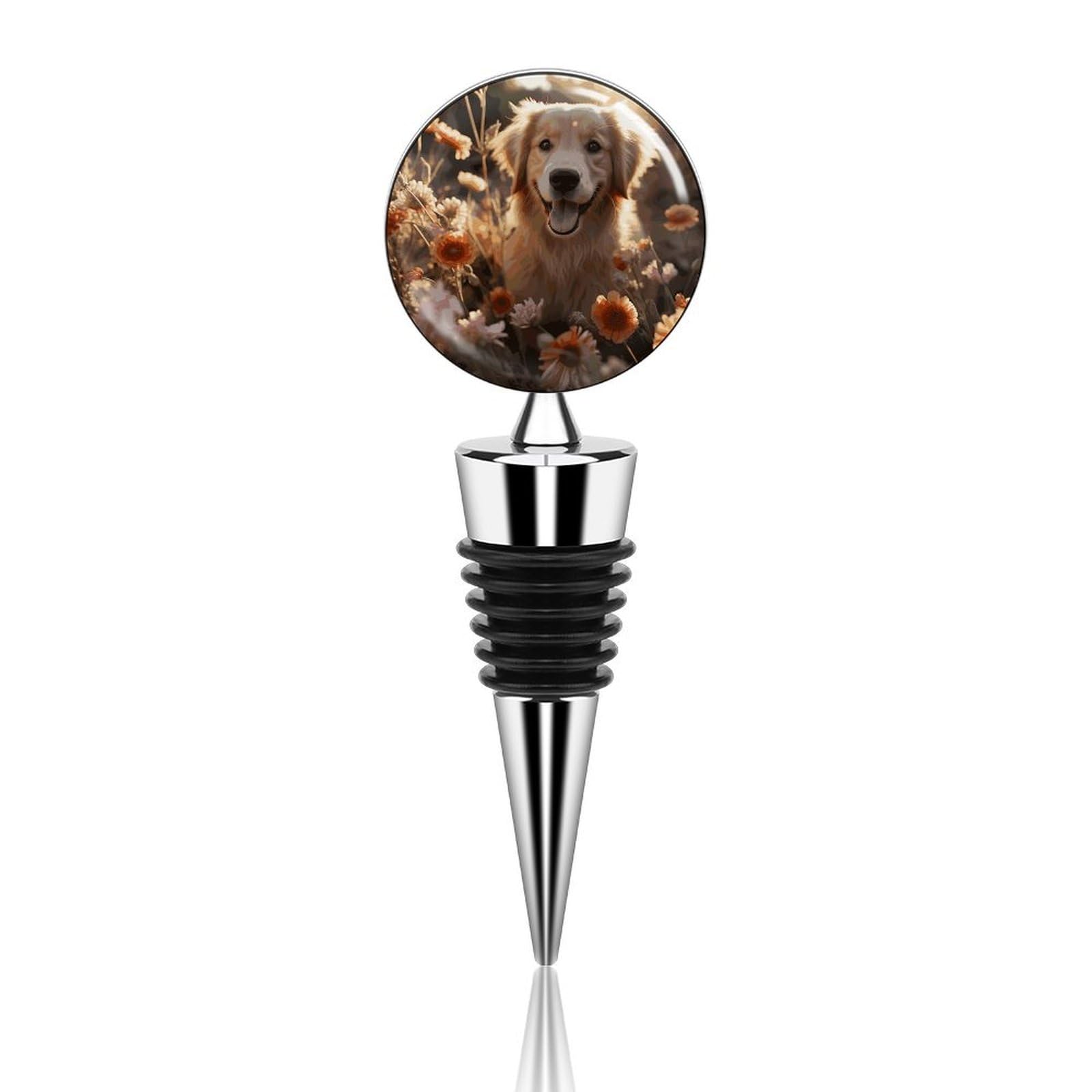 Bouchon de bouteille de vin en alliage de zinc durable motif Golden Retriever et fleurs