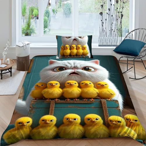 Housse de couette single chats et poulets en microfibre 135x200 cm